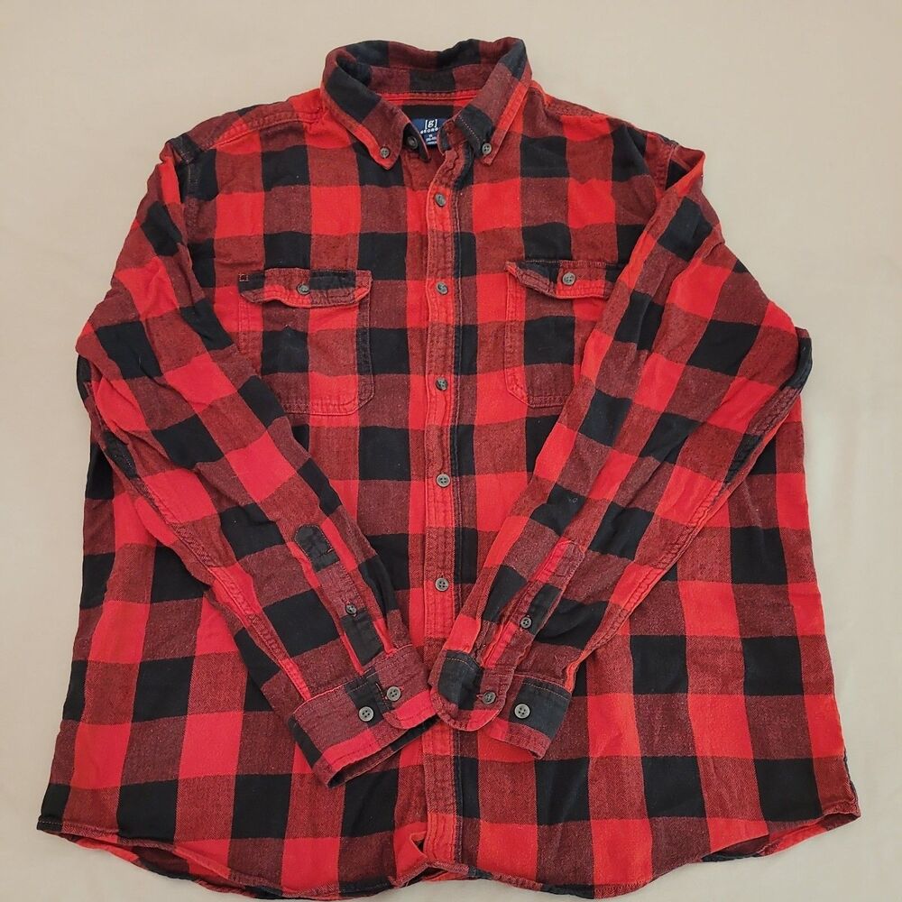 George Flannel Shirt Red Black Check Long Sleeve Work Pocket Cotton Men XL 46-48